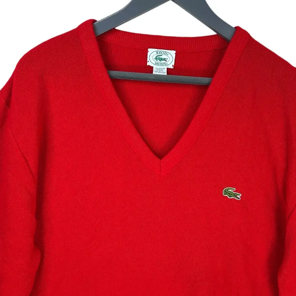 Vintage Izod Lacoste Sweater Mens Large Grandpa Christmas Red Vneck USA *READ*
